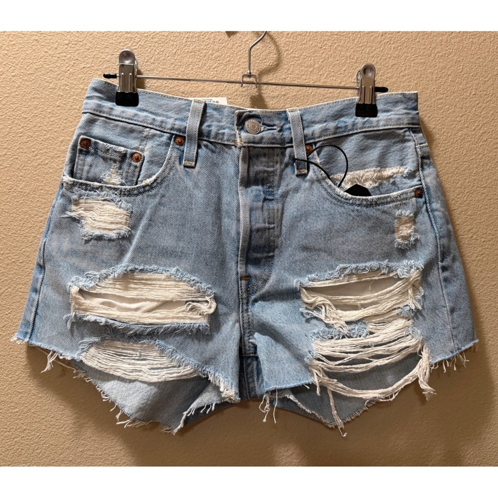 Levis Premium 501 High Rise Distressed Denim Shorts Light Wash 25